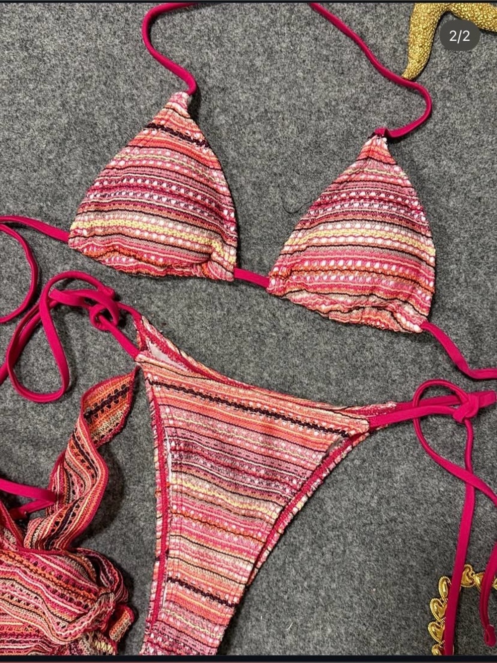 SHEIN Coral Multi-Striped Triangle Bikini with Sarong